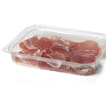 Vaschetta di plastica bassa trasparente con coperchio chiusa e dentro prosciutto crudo